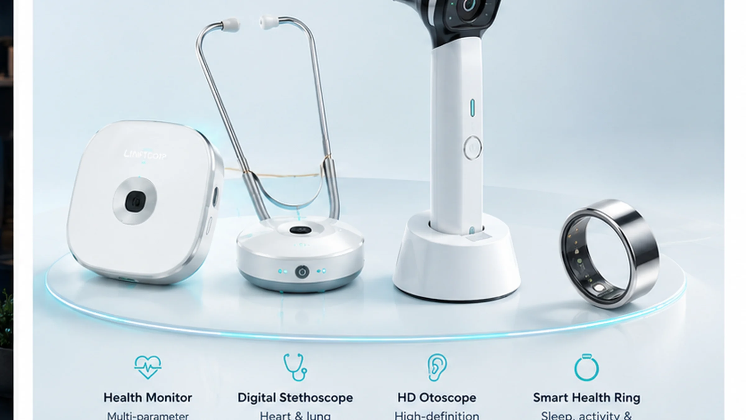 Ambulant+ connected IoMT device ecosystem with Health Monitor, Digital Stethoscope, HD Otoscope and NexRing