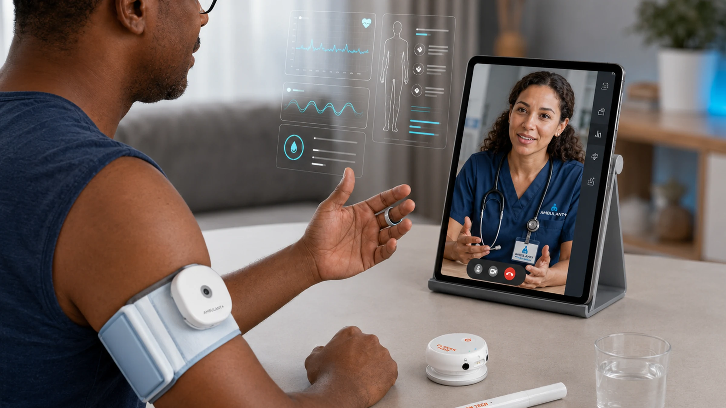 Patient using connected monitoring device during clinician-led virtual consultation